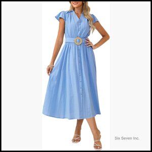 Summer Maxi Dress with Pockets Casual Short Sleeve Flowy Shirt Dress